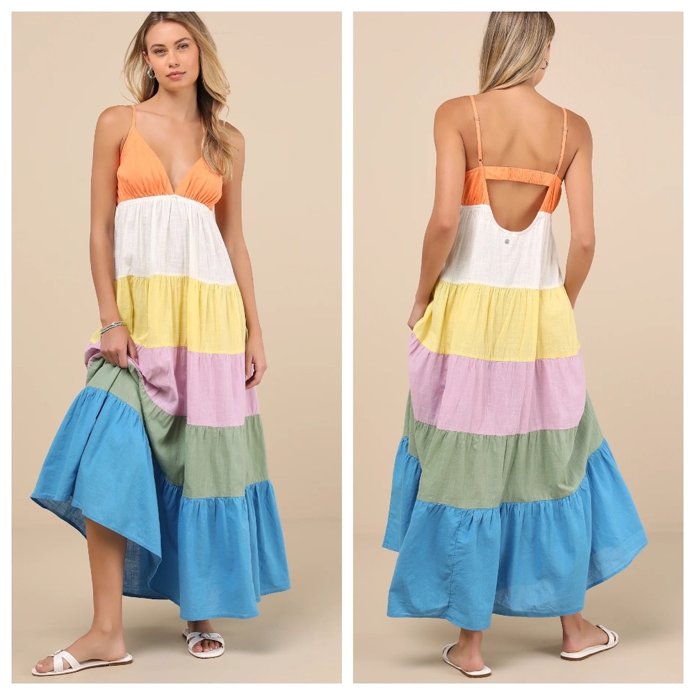 NWT Roxy “Honolulu Glow” Open-Back Maxi Dress 100% Cotton Tiered Colour Block